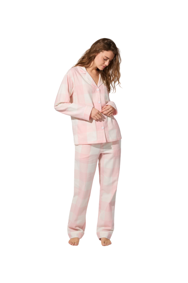 Checking In Long Sleeve Classic Woven Portuguese Flannel Twill PJ Set