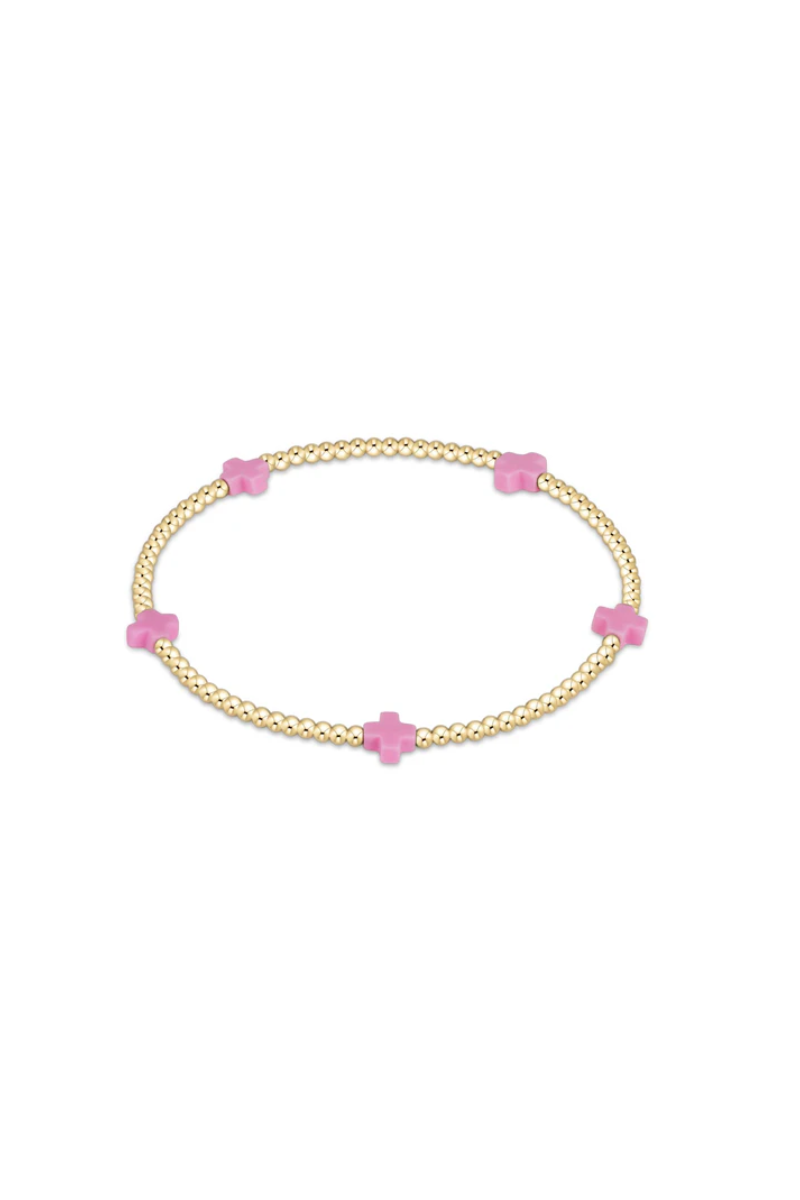 Signature Cross Small Gold Pattern 2mm Bead Bracelet - Bright Pink