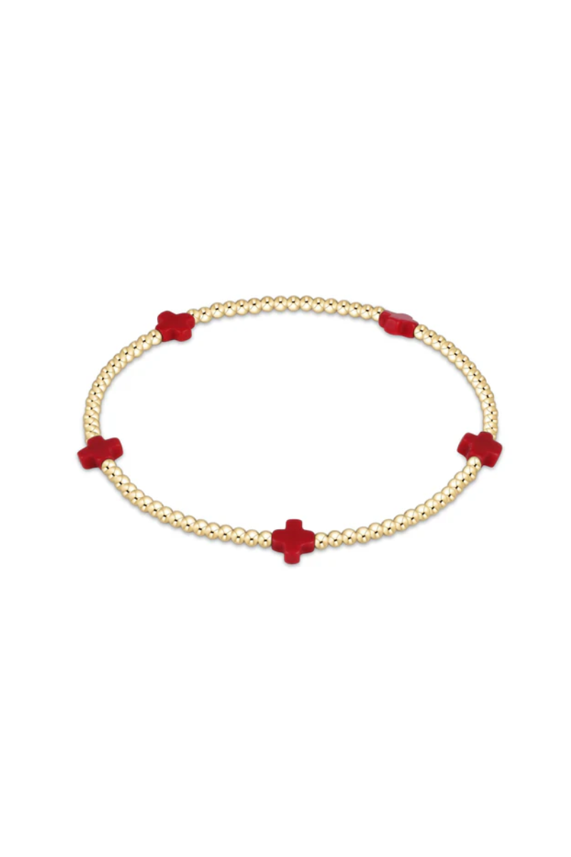 Signature Cross Small Gold Pattern 2mm Bead Bracelet - Red