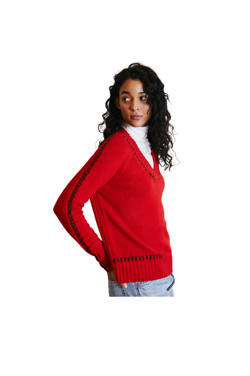 V Neck w/Contrast Lacing Detail Sweater