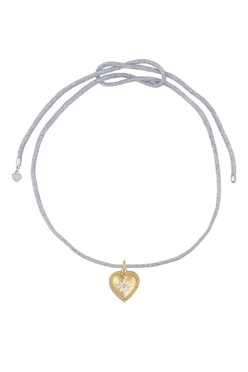 Silver Lurex Necklace Cord with Enamel Seeing Heart Charm