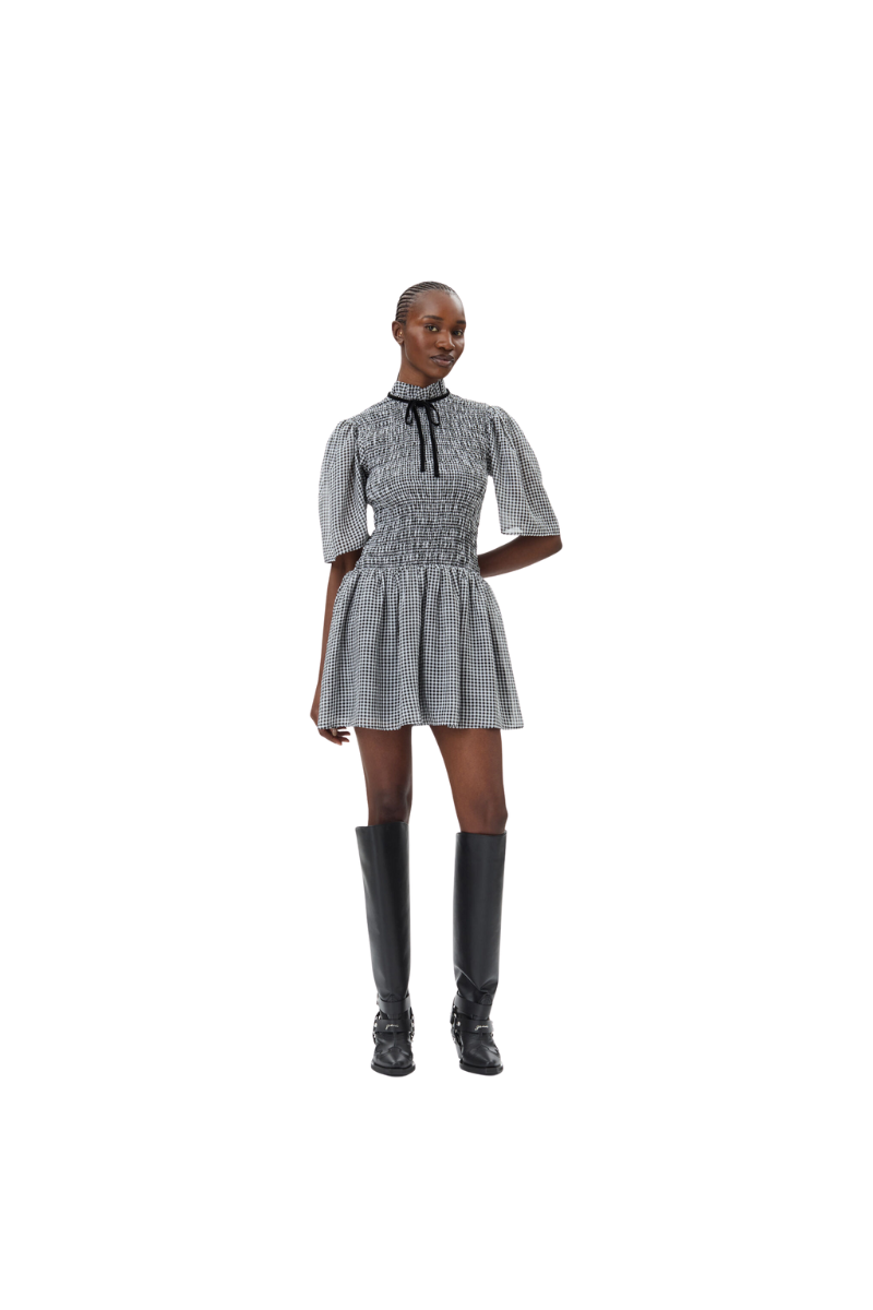 Sheer Fluid Check Mini Smock Dress