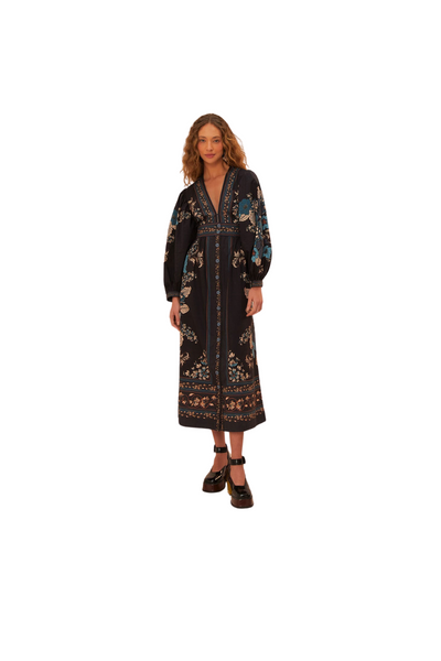 blossom tapestry black midi dress Hidden back zipper/clasp Model-17 The By Nicola Bay Size:One size