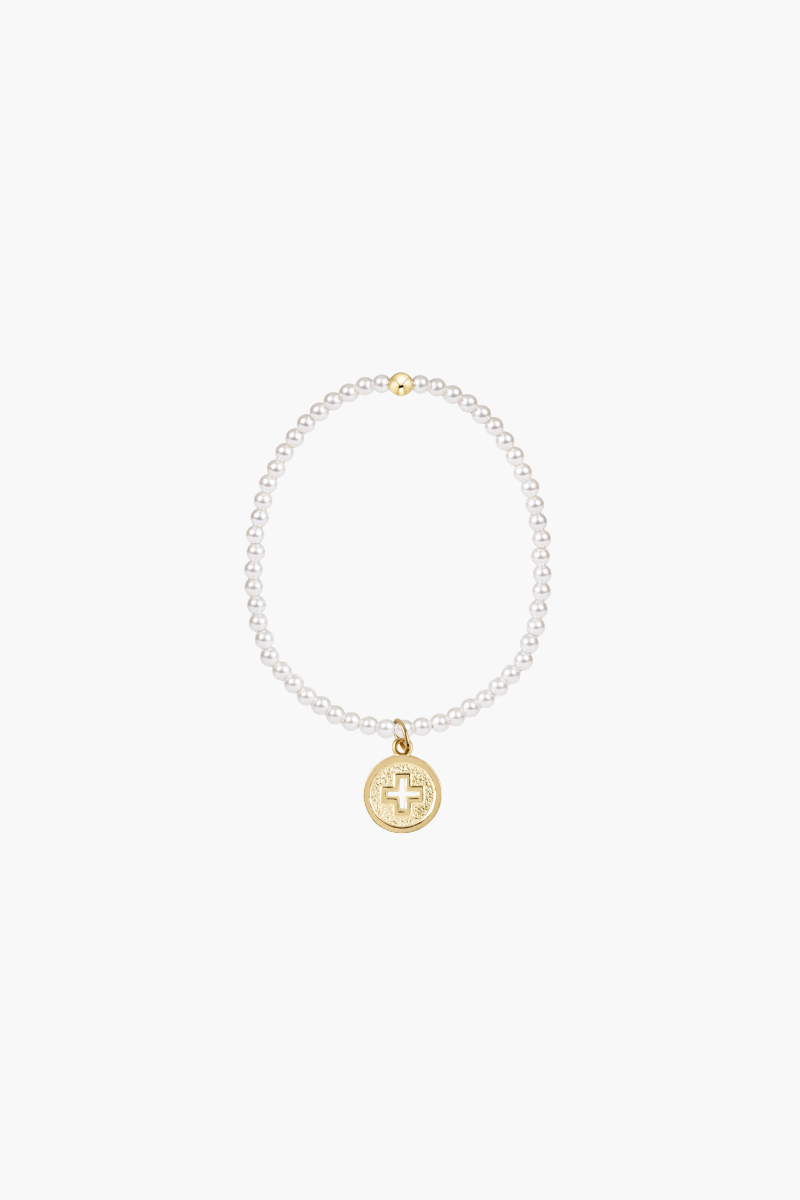 Classic Pearl 3mm Bracelet Signature Cross Gold Disc