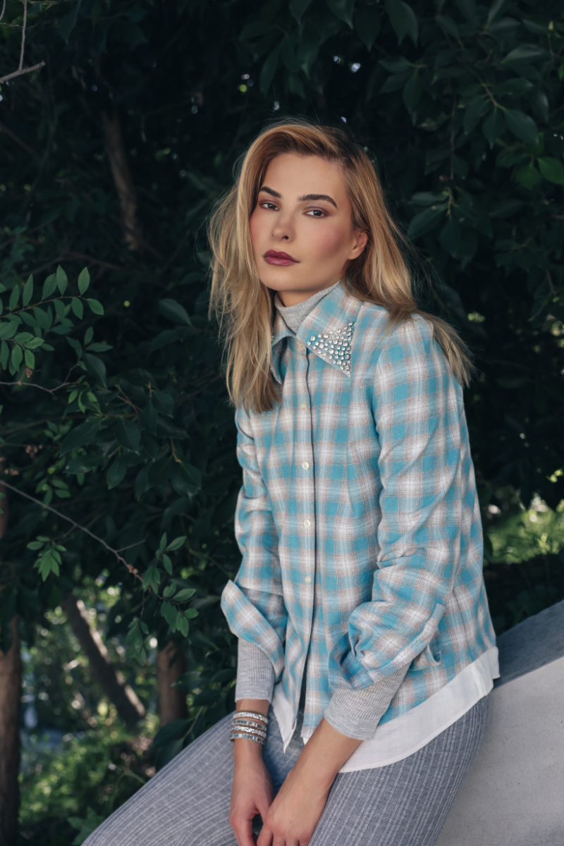 Europa Plaid Flannel Beaded Collar Shirt