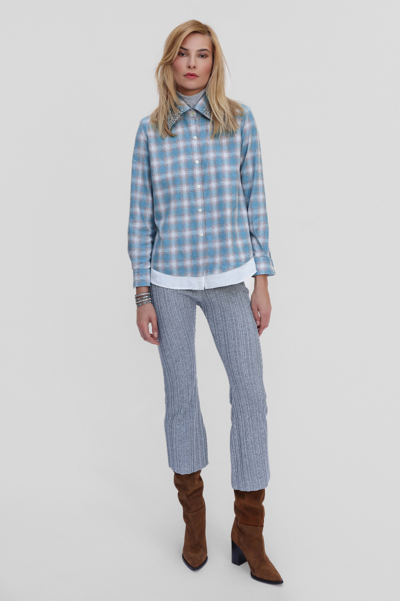 Europa Plaid Flannel Beaded Collar Shirt