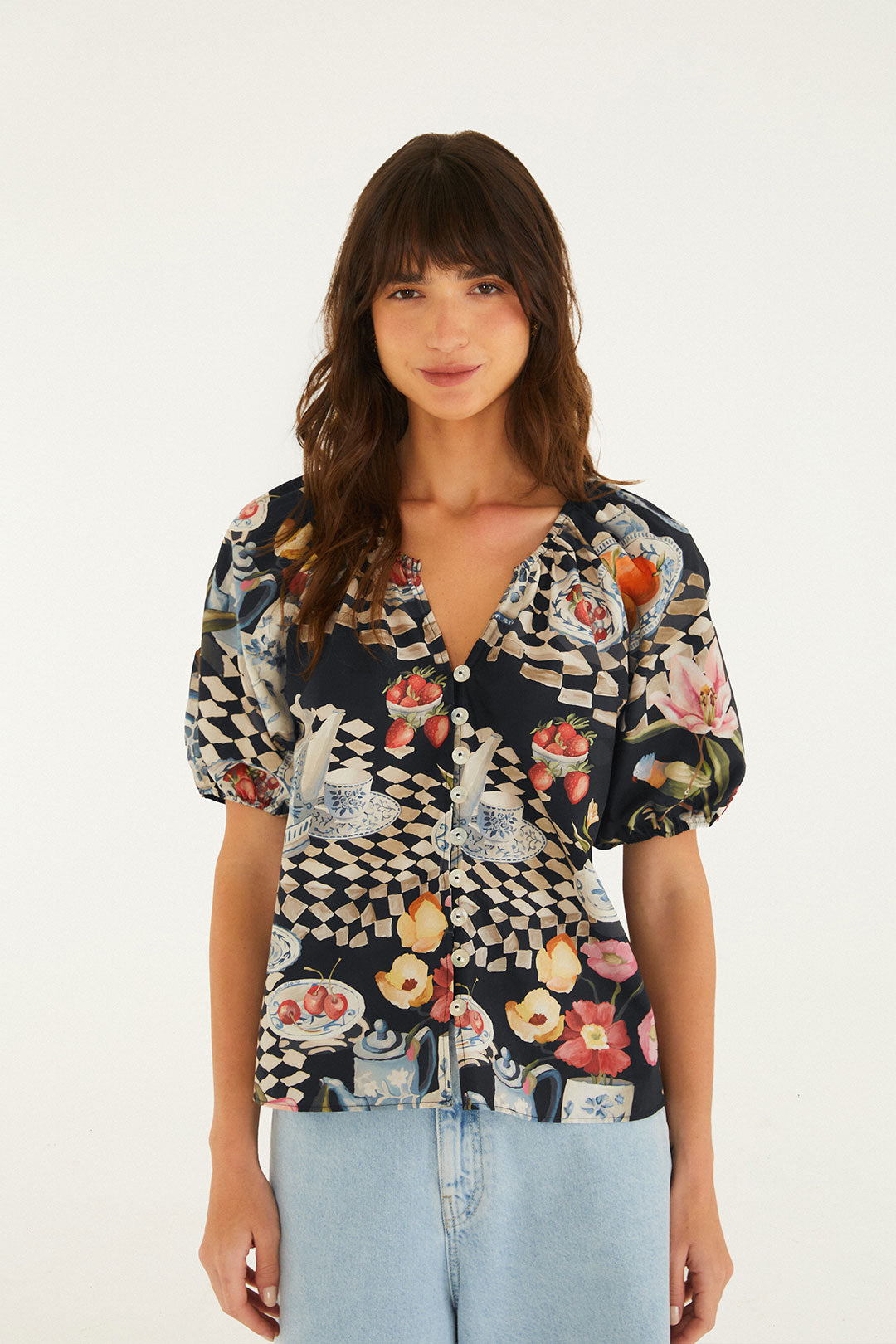 TEA TIME BLACK SHORT SLEEVE BLOUSE