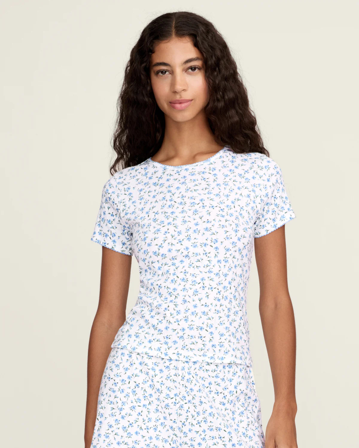 Women's Pointelle T-Shirt and Short Set in Blue Floral