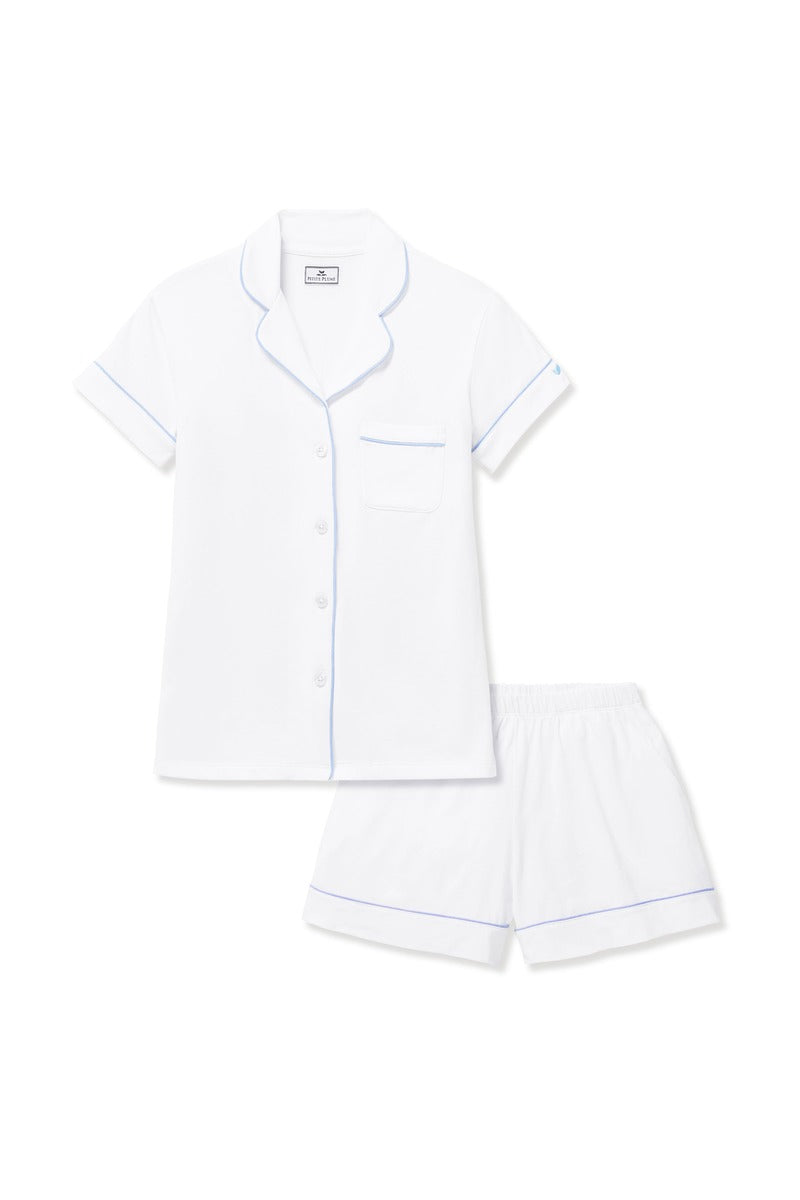 Pima Short Sleeve Short Set in White with Periwinkle Piping