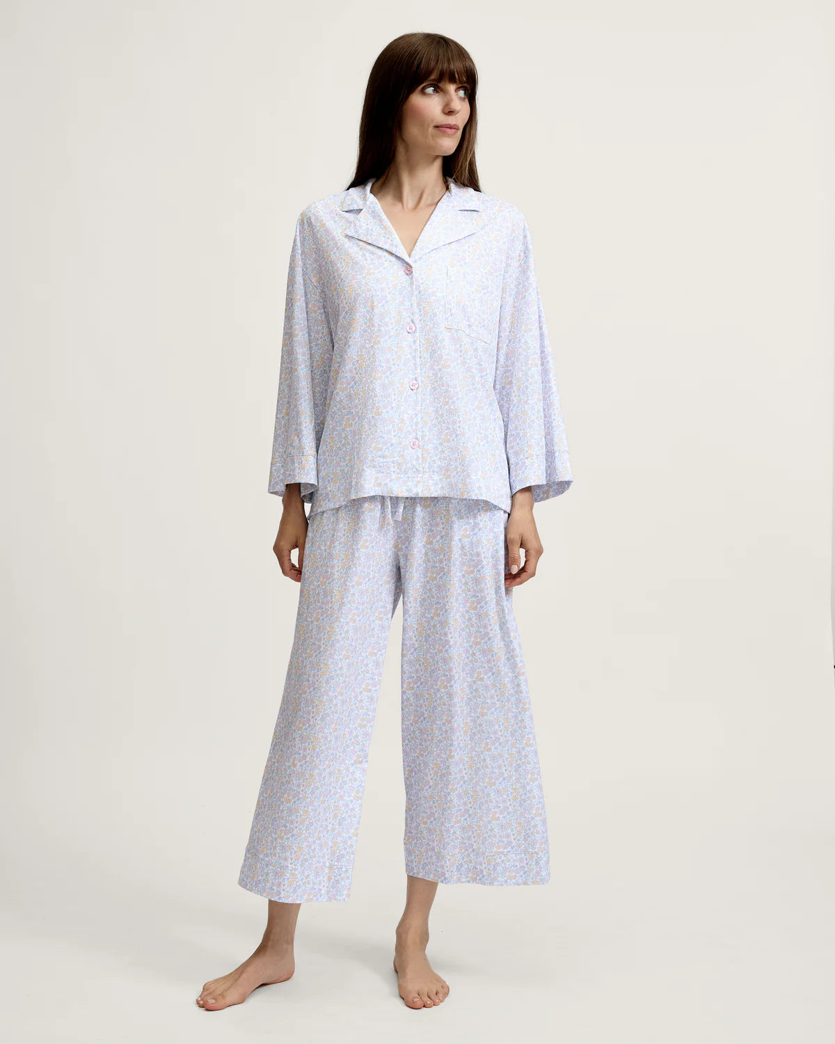 The Olivia Wide Leg Lightweight Pima Pajama Set in Fleur Blanche