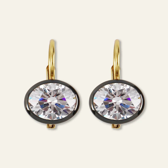Rhodium Oval Bezel Drop Earrings