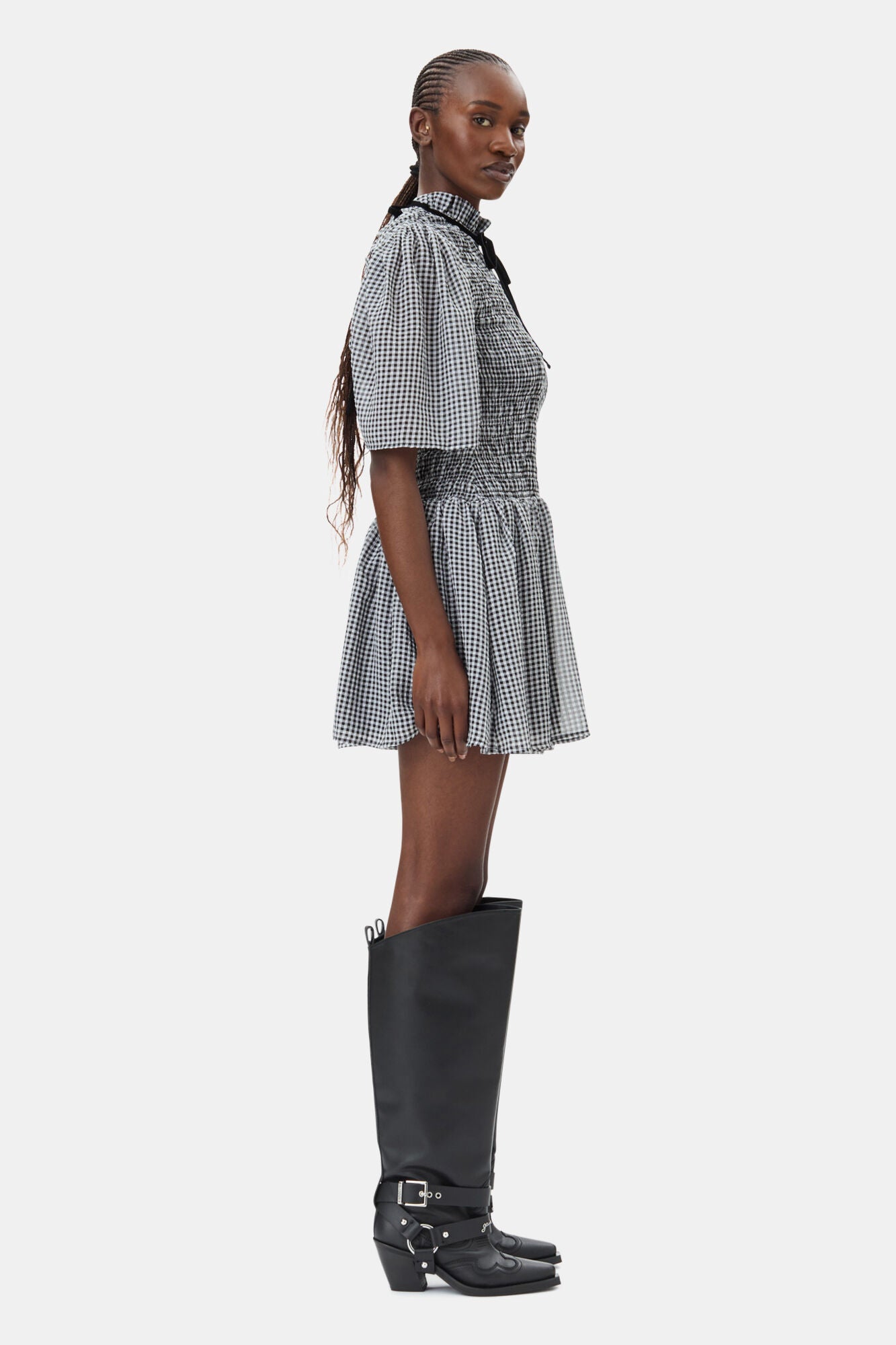 Sheer Fluid Check Mini Smock Dress