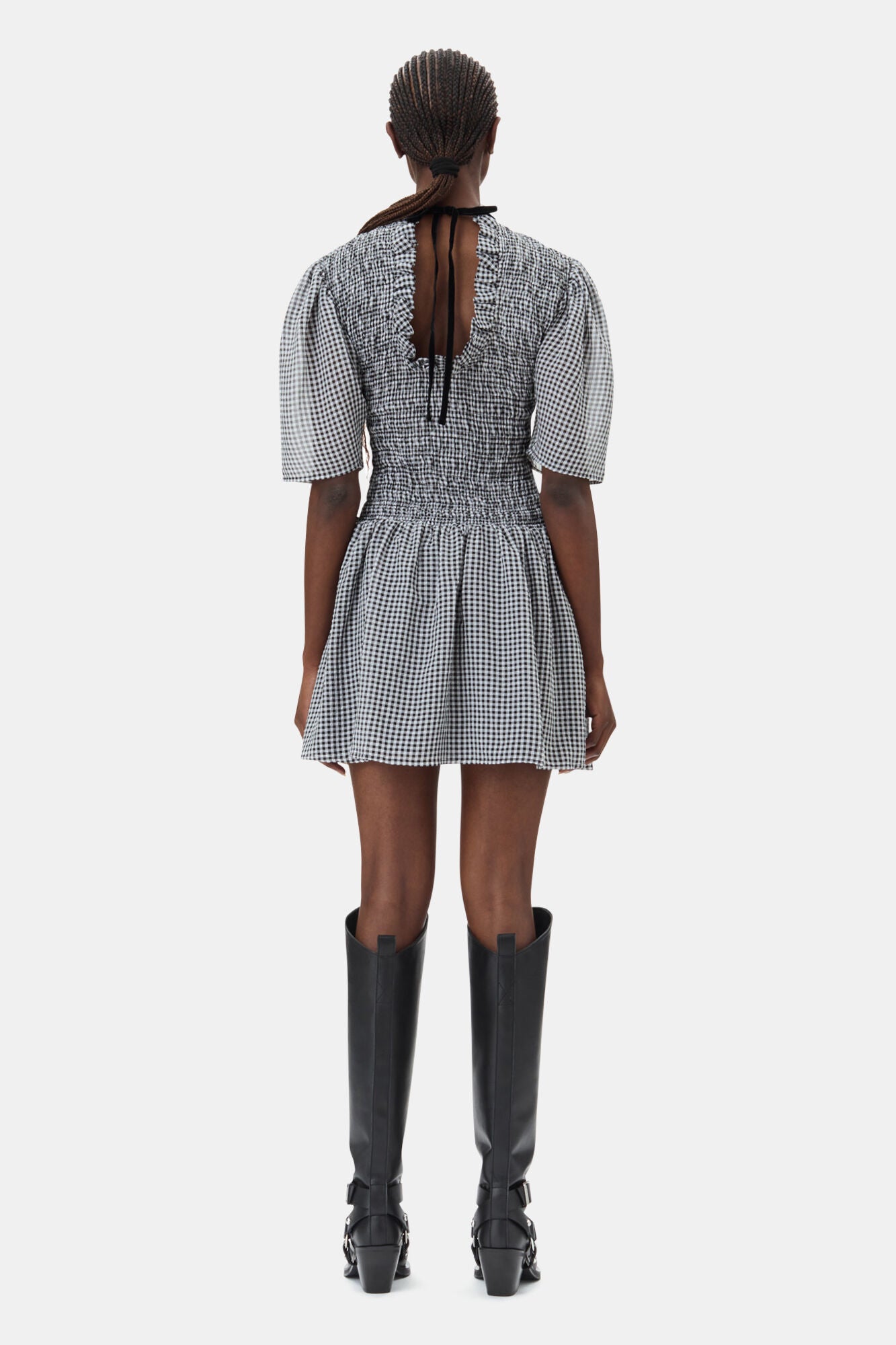 Sheer Fluid Check Mini Smock Dress