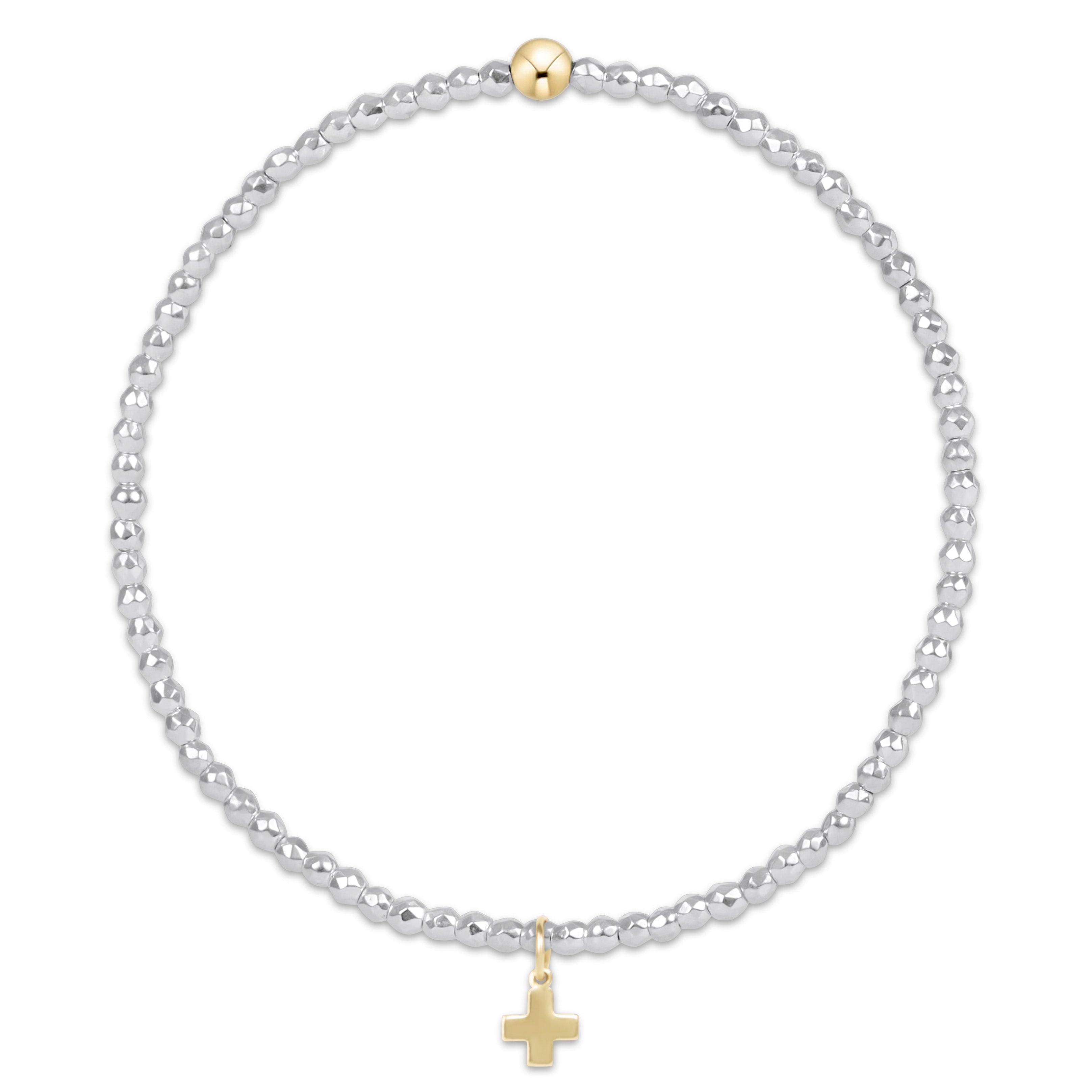 Bright Silver Faceted Hematite 2mm  Bead Bracelet - Signature Cross  Gold Charm