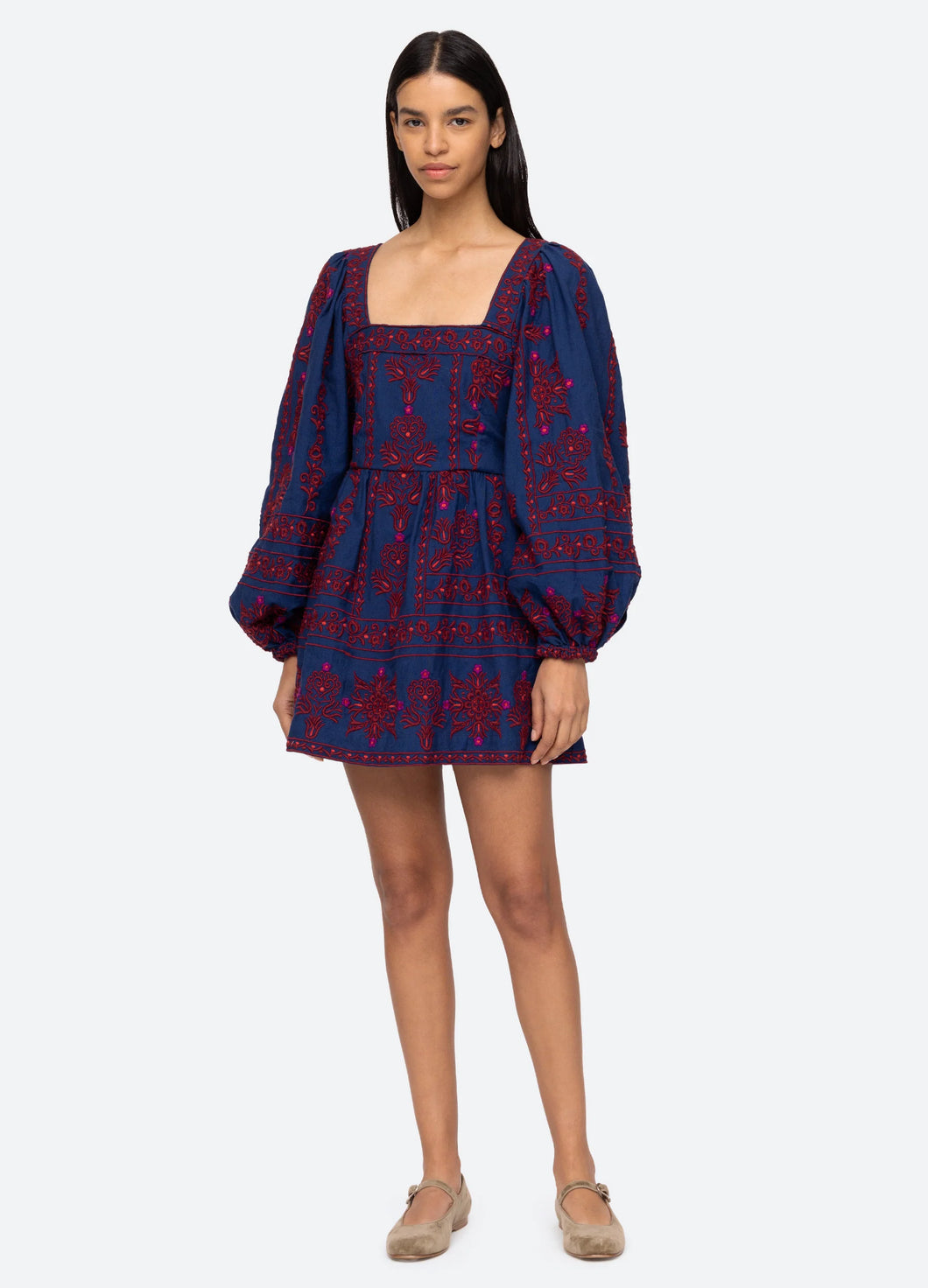 Sea New York - Navy Petunia Embroidery Long Sleeve Square Neck Dress