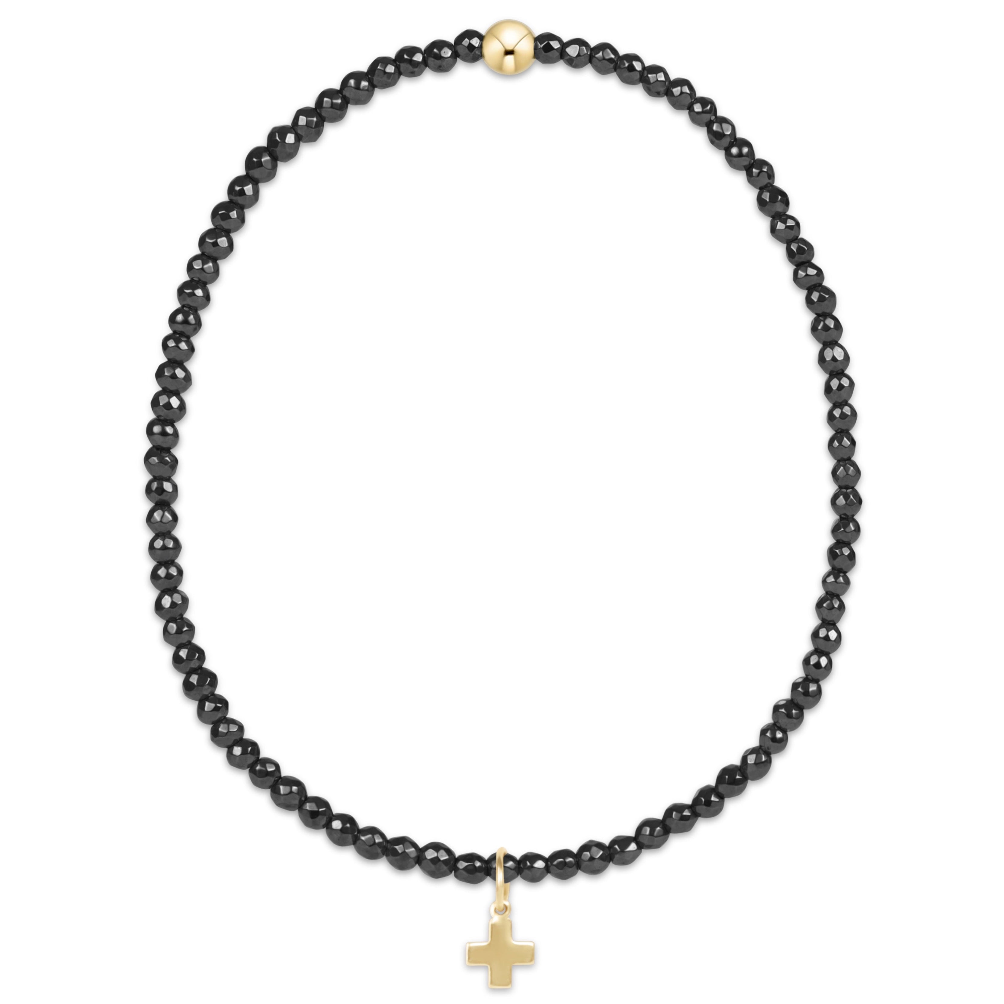 Faceted Hematite 2mm  Bead Bracelet - Signature Cross  Gold Charm