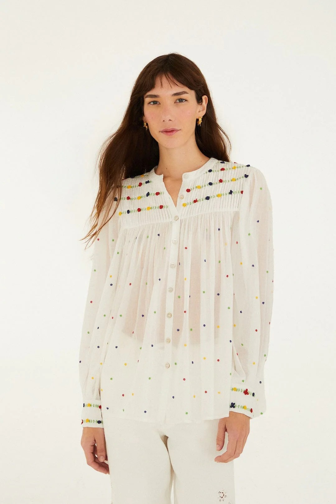 Off-White Embroidered Beads Long Sleeve Blouse