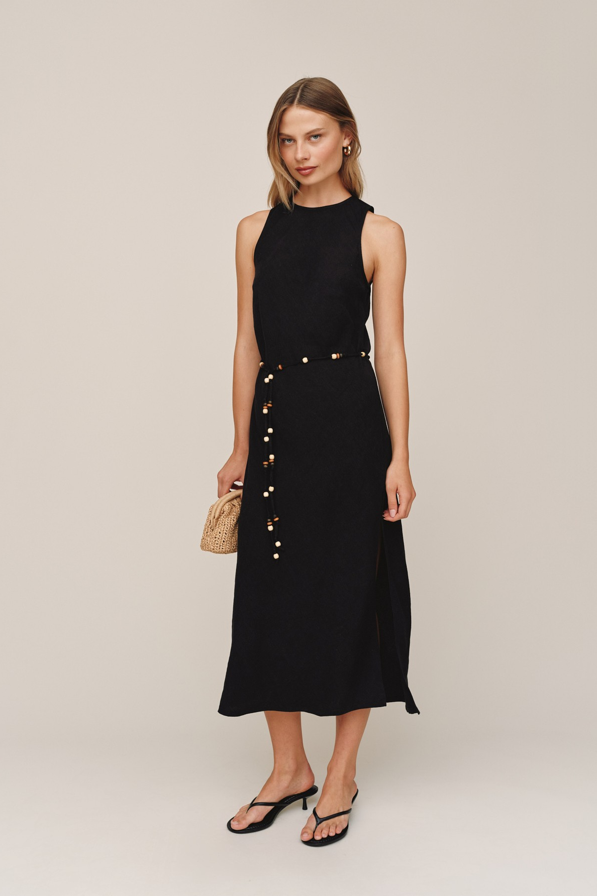 Bias Midi Dress with Beaded Belt