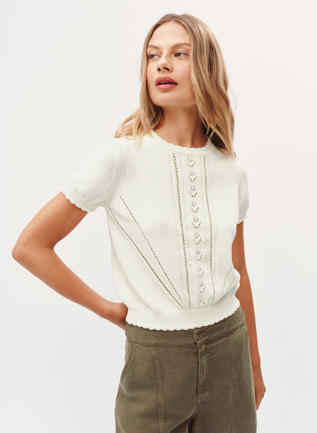 B20578-N66-302 - POINTELLE DETAIL SHORT SLEEVE KNIT TOP