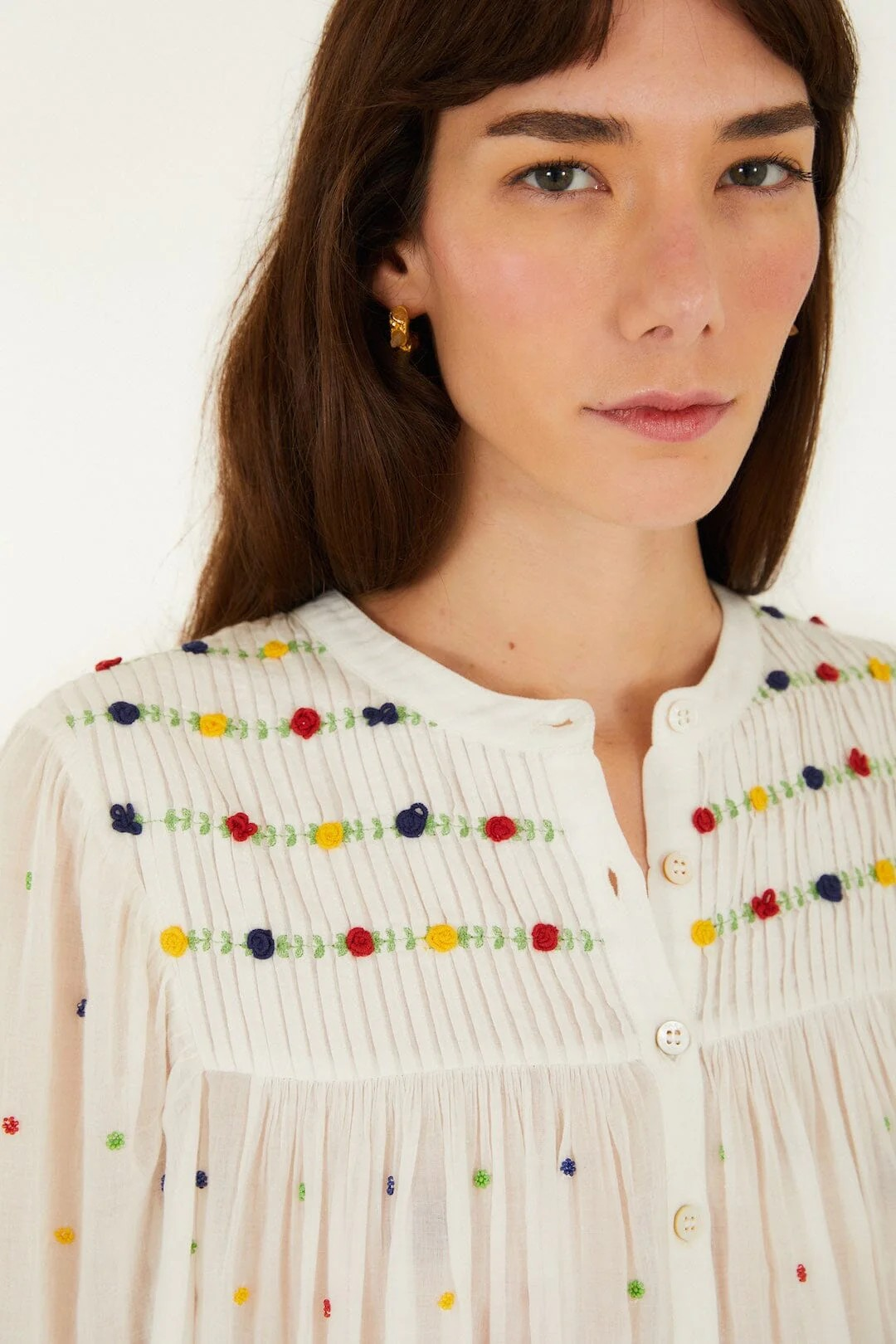 Off-White Embroidered Beads Long Sleeve Blouse