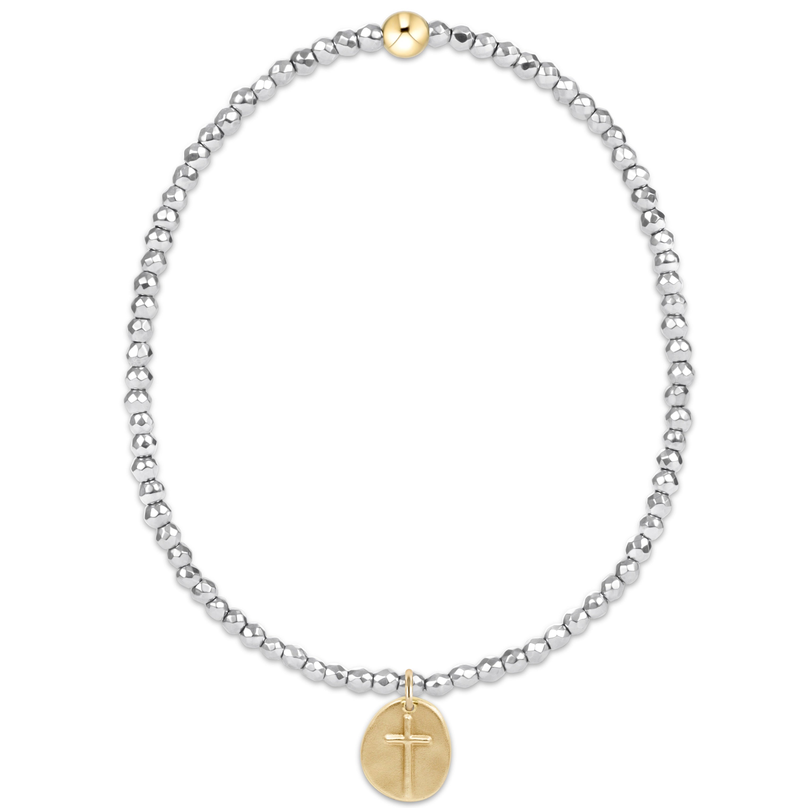 Silver Faceted Hematite 2mm Bead  Bracelet - Inspire Small Gold  Charm