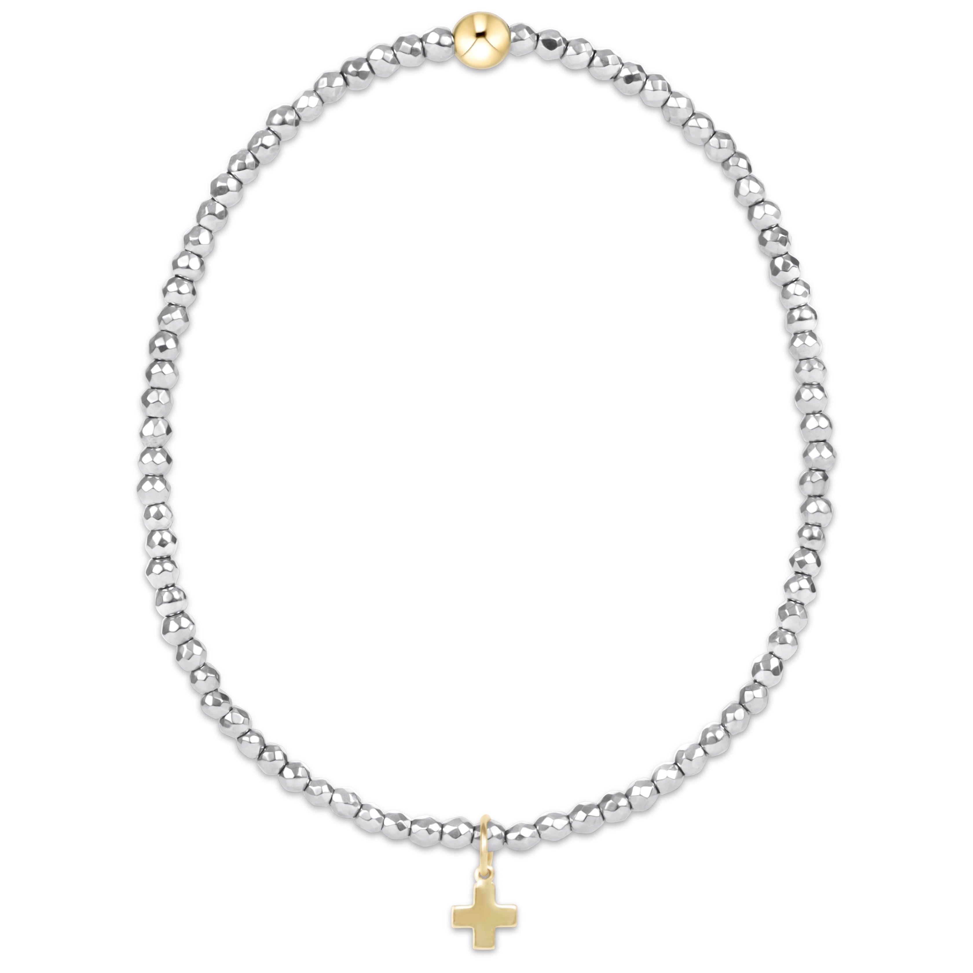 Silver Faceted Hematite 2mm  Bead Bracelet - Signature Cross  Gold Charm