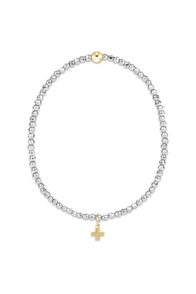 Silver Faceted Hematite 2mm  Bead Bracelet - Signature Cross  Gold Charm