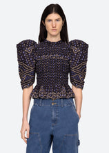 Load image into Gallery viewer, Sea New York - Blue Delphine Pucker Cotton Puff Sleeve Smocked Top