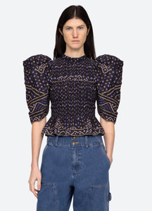 Sea New York - Blue Delphine Pucker Cotton Puff Sleeve Smocked Top