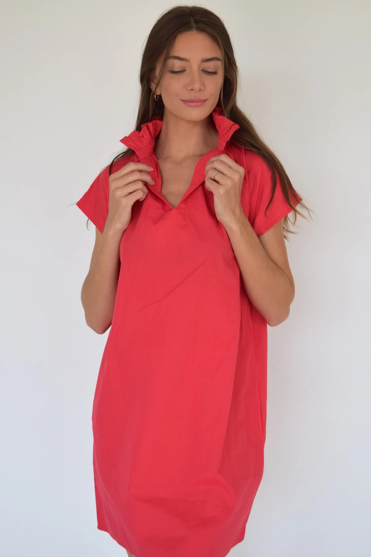 Vicki Short Sleeve Dress Red Solid Cotton
