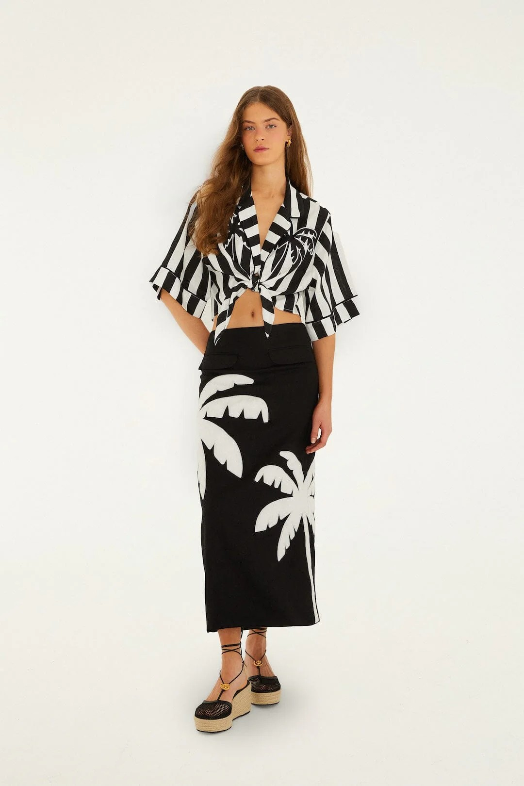 Black Embroidered Palm Tree Maxi Skirt
