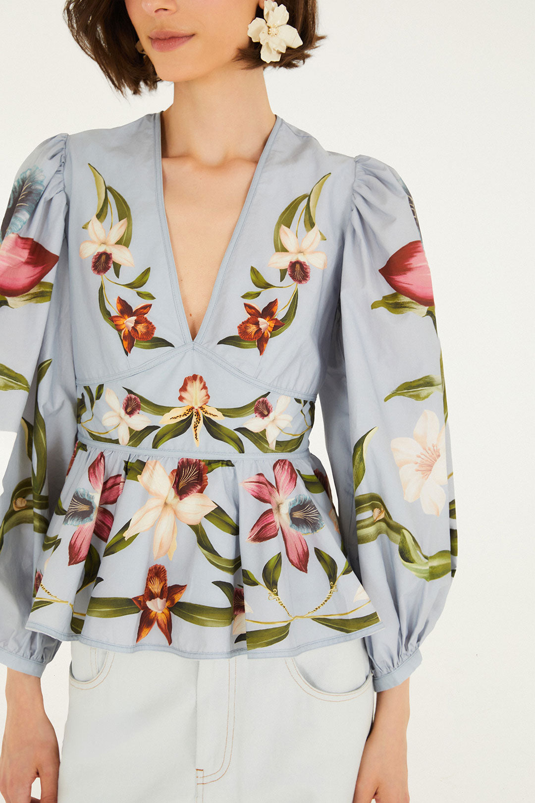 FLOWERS JUNGLE SOFT BLUE BLOUSE